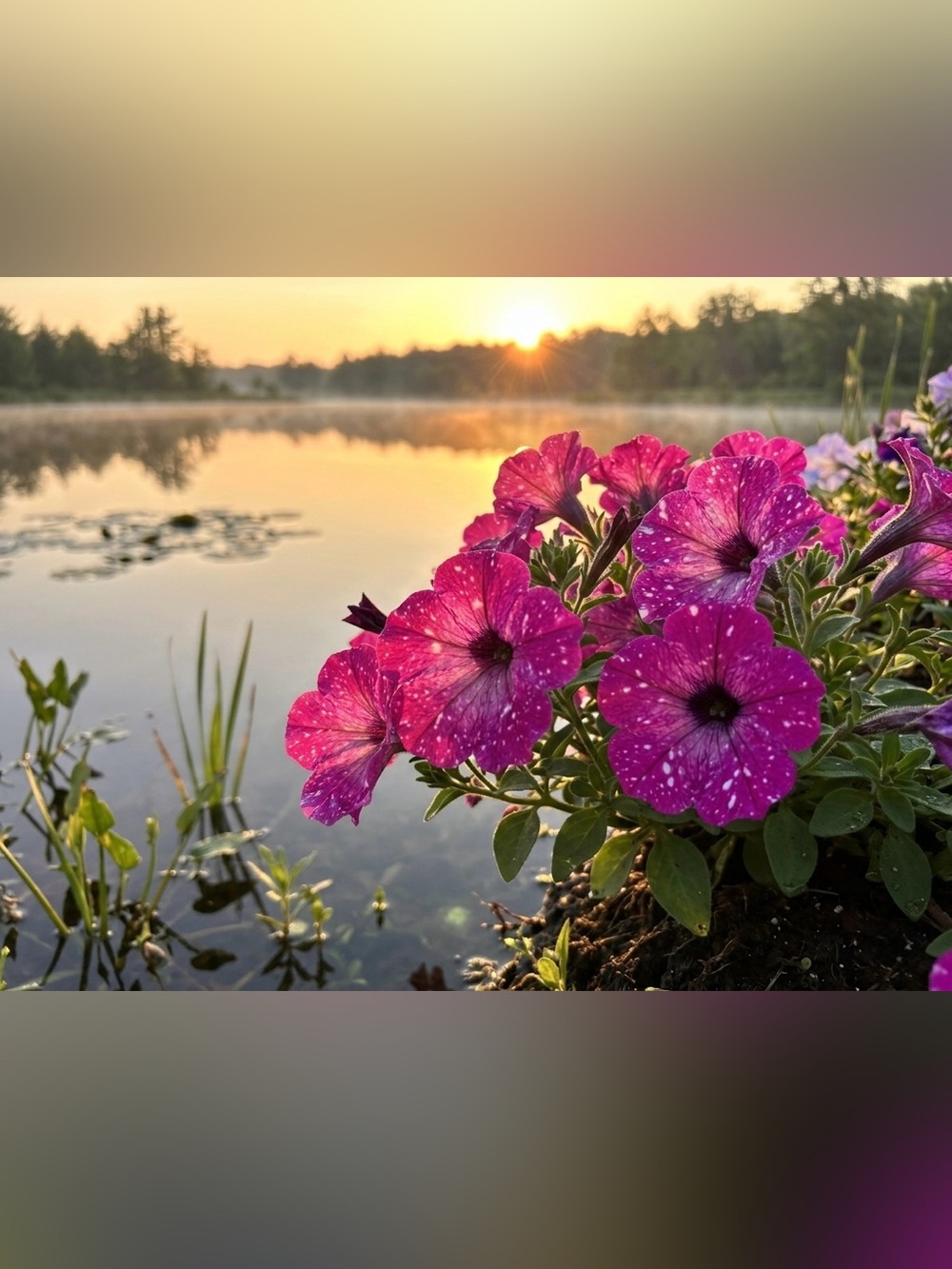 Magenta Petunia Lakefront Photography Print - Vibrant Floral Wall Art
